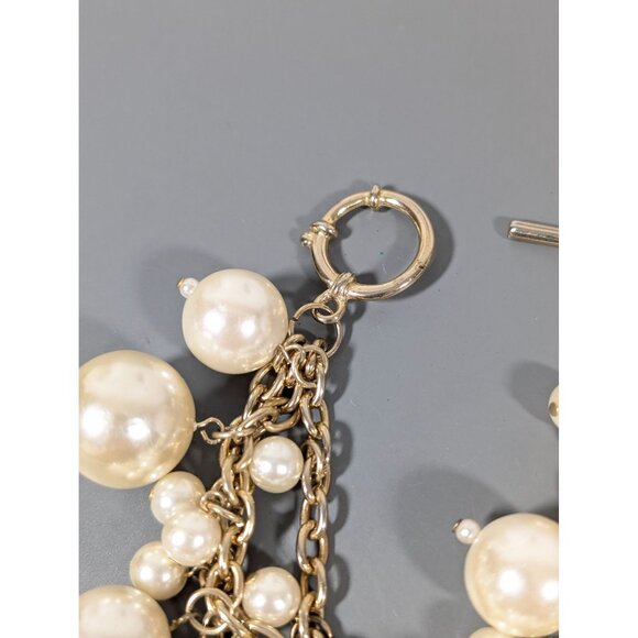 Retro Faux Pearl Charm Triple Chain ChaCha Bracelet Gold Tone Elegant 7" - Picture 5 of 11